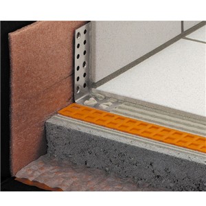 Schluter-BARA-ESOT is a skirting support profile made of stainless steel for use in applications where no load-bearing substrate is available to support the skirting tiles. These substrates include metal flashing or bituminous waterproofing layers that are used at floor/wall transitions on balconies and terraces. Designed for exterior applications at wall/floor transitions. Perforated anchoring leg is anchored between setting bed and tile. Base tiles installed on BARA-ESOT will resist normal impact caused by brooms or mops.