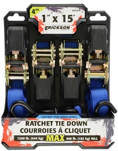 RUBBER HANDLE RATCH STRAP Size: 1&quot; x 15&#39;Soft grip ratchets w/patented molded rubber handles Easy and secure ratcheting systemHeavy vinyl coated hooks Contain four blue webbed durable straps1200lbs load capacity, 400lbs WWL SIZE: 1&#39; x 15&#39;COLOR: Blue