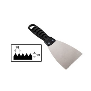 4&quot; wide spreader for spreading base adhesive across the back of 6&quot; wide vinyl or rubber cove base. The 1/8&quot; x 1/8&quot; V-shaped notches are typically the correct size notch for spreading this adhesive (check manufacturer&#39;s recommendations). The blade is made from brushed spring steel that has the right amount of flex for spreading adhesive. Blade is riveted to a wide contoured plastic handle. Net weight: 3 oz