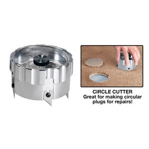 This tool cuts a three inch diameter circle for removing stained areas from a carpet. Four blades mount on the body to make clean cuts. The sharp central pivot pin is spring-loaded to adjust automatically to different thicknesses of carpet. The solid aluminum body includes finger contours for gripping. Includes plastic cap to protect the body and pin in storage. Blades: 1174-A