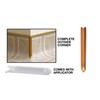 These gold metal corners cover a sheet vinyl outside corner. They cover up problems at the corner, and are an excellent solution for repairs. They are made approximately 6 inches long to cover the corner from floor height up to 6 inches if necessary. The bottom portion is contoured to the shape of a standard cove. They are easily trimmed to a shorter height using a pair of snips. They can be adhered to vinyl, linoleum, or like sheetgoods using a hot glue gun.