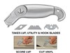 This knife takes Accutec LVT/LVP Blades (Crain Nos. 286C &amp; 287) which have a wide bevel for scoring LVP and LVT. The long blade carrier provides knuckle clearance, while the thick body and hook handle produce a lot of pressure and pulling power. The blade clamp has a reversible insert that allows use with utility blades, standard hook blades, and even Crain No. 321 Hook Blades, which at one time were popular for cutting thick linoleum and vinyl. Blades can be stored in the handle.