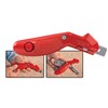 This slotted razor blade carpet knife pivots open with a touch of the spring-loaded rear button for fast access to replacement blades. The contoured handle includes knurling on the both sides for improved grip. The large, radiused fin behind the blade holder for thumb pressure improves control. Body is finished with attractive red paint.