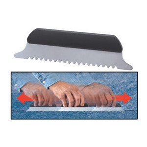 This ultra-straight spring steel row finder has smooth, rounded notches that opens rows of difficult carpets. The pointed ends can easily enter the rows of dense cut pile or plush carpets. The taller, thicker profile clears thick cut pile tufting and increases separation. Once this tool finds a row, it can be moved back and forth in a sawing action to open the row. After use, a seam cutter is able to follow the row with reduced shearing of yarns. The textured plastic handle provides good grip.