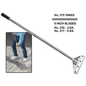 This stand-up scraper takes a wide 8&quot; blade for heavier removal work. The telescoping tubular handle adjusts in lengths from 39&quot; to 59&quot; using a simple twist-lock mechanism. The scraper head is steel-reinforced, and the blade clamp is fastened to the head using four case hardened slotted head screws. Great for stand-up scraping work, but not for use as a heavy-duty prying tool. Comes with one No. 376 heavy-duty .037&quot; thick scraper blade, and a blade cover for storage. Replacement blades: No. 376 - 3 pack or No. 377 - 9 pack. Net weight: 4.6 lbs.