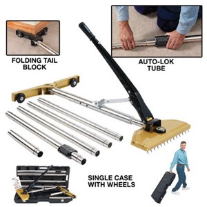 The No. 500 fixed head stretcher comes with a push-button locking power handle, Auto-Lok tube, 3 extension tube sections, 1 transfer tube section, and a folding tail block. The Auto-Lok tube provides fast length adjustments in flexible increments. The tubes adjust from 37 inches to 23 feet, and can be lengthened with additional extension tubes (No. 502). The folding tail block allows you to stretch off walls, corners, or posts. The pin depth adjusting knob on the driving head provides variable pin depth settings, without the screws or screwdrivers found on other stretchers. Model No. 500 comes with a space-saving single case design that holds all the components. Case has wheels for transport.