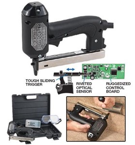 The Opto Power Tacker has a ruggedized electronic control board including an optical sensor that fires in response to the motion of a tough sliding trigger. The delicate mechanical microswitch of previous tackers, which frequently required repair, has been eliminated. This tacker also has a long, slender nose that more easily parts yarns to penetrate down to the carpet&#39;s backing. The short overall height, narrow profile, and rounded cap allow it to get into tight areas. Powerful 11 AMP solenoid drives staples even into hardwoods. Precision jam-resistant magazine is rigidly mounted on a boxed frame and opens with a simple release button. Once open, the staple channel is easily accessible for removal of broken staples. Takes DuoFast No. 5418 or No. 5415 staples, Shur-Fast (No. 619), or generics. Comes with case and staple saver box.