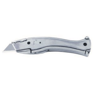 This utility or hook blade knife has a hinged body that opens rapidly using a large thumbwheel in the center of the body. The body can be opened by rolling the wheel across a surface for access to blade storage. The knife is contoured for enhanced grip, and has a precision blade holder that holds blades tight even at extended length. The knife comes with a plastic carrier that fits inside a pocket.