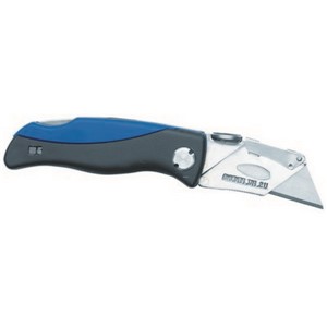 This utility blade knife folds with the press of a button so that it can be safely placed in your pants pocket. This model has a durable blade holder that locks rigidly. When opened, the body locks solidly and reliably. The body is contoured for gripping and includes a compartment for blade storage. Overall this is a folding knife capable of meeting the needs of a flooring installer for fast, forceful, and precise cutting.