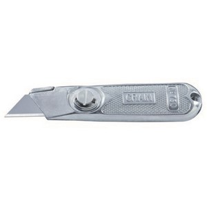 This classic utility or hook blade knife has a knurled body for solid grip. Designed with a compact profile and precision blade carrier for making detailed cuts in sheet vinyl materials. Pivots open quickly for blade storage using the folding thumbscrew. Takes hook or utility blades
