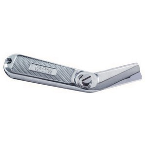 This slotted razor blade knife has a relieved blade holder that exposes a longer cutting surface of the blade to more efficiently slice through thick carpet pad. The handle is angled upward to prevent dragging of the knuckles on the pad, and is knurled on both sides for improved grip. The body pivots open for blade storage by loosening the folding thumbscrew.  No blades are included with this knife.