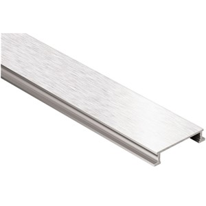 Schluter-DESIGNLINE is a border profile for producing decorative designs in interior wall coverings. The profile is available in stainless steel, stainless steel with structured finish, chrome plated solid brass, and anodized aluminum and is designed to coordinate with RONDEC and QUADEC profiles for outside wall corners. DESIGNLINE has a 1&quot; (25 mm)-wide surface area and a thickness of 1/4&quot; (6 mm). It is anchored in the mortar bond coat between tile courses via its cross-sectional shape and can be used with thicker tiles by building up the setting material behind the profile.