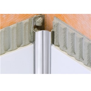 Schluter DILEX-HKU features a single trapezoid-perforated anchoring leg that turns inward, which is secured in the mortar bond coat, and a stainless steel cove section that forms the visible surface. The profile&#39;s 3/8&quot; (10 mm) or 1-13/32&quot; (36 mm) radius prevents the accumulation of dirt and makes cleaning simple. The profile separates tile fields that meet at inside corners where limited movement is expected. DILEX-HKU may be used with floor coverings other than ceramic and stone tile, provided that the coverings are fastened or adhered (i.e., no floating floors). DILEX-HKU prevents surface water penetration and meets the maintenance and hygienic requirements of commercial kitchens, bathrooms, food-processing plants, or any tiled environment where a sanitary cove is desired. Accessories available for the DILEX-HKU include inside and outside corners, connectors, and end caps.