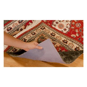 This pad protects any oriental or other area rug laid over any hard floor - wood, tile, stone, brick, terrazzo, laminate, etc.- including highly waxed and polished surfaces. 100% synthetic, chemically inert padding contains NO plant or animal fibers to decompose, outgas, or aggravate allergies. Needle-punched Synthetic fiber construction prevents decomposition and shredding, minimizing mildew and odors even if damp. Thermal-set ridges on the upper surface, in an exclusive pattern of chevrons, running in multiple directions, enables the pad to grip the rug more effectively and prevents lateral motion in ANY direction. Superior natural latex rubber formulation in a new, exclusive hexagonal pattern, plus more real rubber in actual contact with any bare floor, no matter how slippery, and provides the highest degree of non-slip traction.