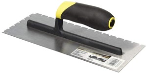 Futura premium square notch trowel. The blade is made of hardened and tempered steel. The comfprtable TPR grip handle will make working with this trowel not only comfortable, but will help with fatigue. These trowels are balanced for professional use.