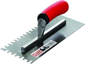 This economy trowel has a 4-1/2&quot; wide x 11&quot; long tempered carbon steel blade riveted to an aluminum shank with a molded rubber cushion ‘California Handle’ style handle. Available in all notches (except DGR, KBC, KTA, MFT, MLN, PC and PNK). The EUR &quot;Euro Notch&quot; is designed specifically for use with gauged porcelain tile/panels and large format tile and stone. The notch pattern is designed to collapse on itself to improve tile bond.