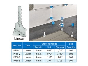 The Proleveling System uses two components, a Leveler and a Cap, to both space and level wall and floor tile installations, virtually eliminating spacing and lippage problems. Unlike almost all other systems, the Levelers can also be used as tile spacers and no tensioning tool is required!

They are available in Cross, Linear (straight) and ‘T’ shapes with spacer widths of 1 mm, 2 mm, 3 mm and 5 mm. The base of each Leveler has four holes for anchoring between the mortar and tile. The vertical legs of the Leveler rise from the base and act to space the tile. The legs are ‘coded’ for their millimeter width by the number of holes in one leg.