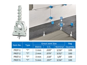 The Proleveling System uses two components, a Leveler and a Cap, to both space and level wall and floor tile installations, virtually eliminating spacing and lippage problems. Unlike almost all other systems, the Levelers can also be used as tile spacers and no tensioning tool is required!

They are available in Cross, Linear (straight) and ‘T’ shapes with spacer widths of 1 mm, 2 mm, 3 mm and 5 mm. The base of each Leveler has four holes for anchoring between the mortar and tile. The vertical legs of the Leveler rise from the base and act to space the tile. The legs are ‘coded’ for their millimeter width by the number of holes in one leg.