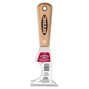Five tools in one. Includes: 2-1/2″ stiff heavy duty high carbon steel scraper. Putty remover. Spreader. Half round cut-out cleans paint rollers. Sharp point opens cracks for patching.