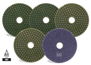 4&quot; Wet Polishing Pads. Resin diamond discs for polishing granite, marble, terrazzo and natural stone. Hook &amp; loop backing for easy removal.