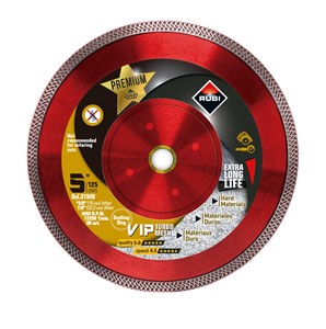 The VIP DRY diamond blade is recommended for dry cutting of hard materials such as granite, rustic tiles, clinker, refractories, slate and, of course, porcelain tiles. The specific design of the diamond rim of the RUBI VIP DRY diamond blade offers faster cutting speed in the hardest materials without sacrificing the quality of the finish. This particular diamond blade combines all the good things in a TURBO blade with the benefits of a diamond blade specially designed to reduce cutting stresses and improve the quality of the finish.