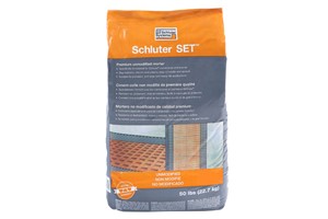 Schluter SET is a premium, unmodified thin-set mortar for use as a bond coat within tile assemblies that is optimized for use with Schluter membranes and boards. Schluter SET is smooth and creamy, as well as easy to handle and spread. It is sag-resistant and ideal for setting tile on both horizontal and vertical surfaces. Schluter SET is suitable for use with ceramic, porcelain, and stone tile, including large and heavy tile, in conjunction with Schluter-Systems uncoupling and waterproofing membranes (e.g., DITRA, DITRA-HEAT, KERDI, etc.), the Schluter-Shower System, and KERDI-BOARD. Schluter SET can be used in both interior and exterior systems and is available in both gray and white. Meets ANSI A118.1T. Available in gray and white.