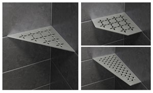 Schluter-SHELF-E is a wall storage system available in brushed stainless steel. The shelves are 5/32 (4 mm) -thick and feature designs coordinating with the Curve and Floral styles found in KERDI-DRAIN and KERDI-LINE drain grates. They can be used in showers and other tiled wall applications (e.g., kitchens and baths). SHELF-E is suitable for corner installations and available in three different shapes. It features 3/32 (2 mm) -thick tabs that allow for installation with the tile or in retrofit applications.