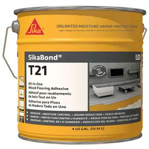 SikaBond-T21 is a one-component, low VOC, permanently elastic, super strong, very low permeability moisture-cure polyurethane adhesive, vapor retarding, crack bridging and sound reduction membrane all-in-one for full surface wood floor bonding.