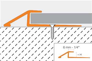 Schluter-VINPRO-U is designed to provide a smooth transition between resilient floor coverings (e.g., LVT) and floor coverings at lower elevations or finished concrete. The sloped surface eliminates trip hazards.